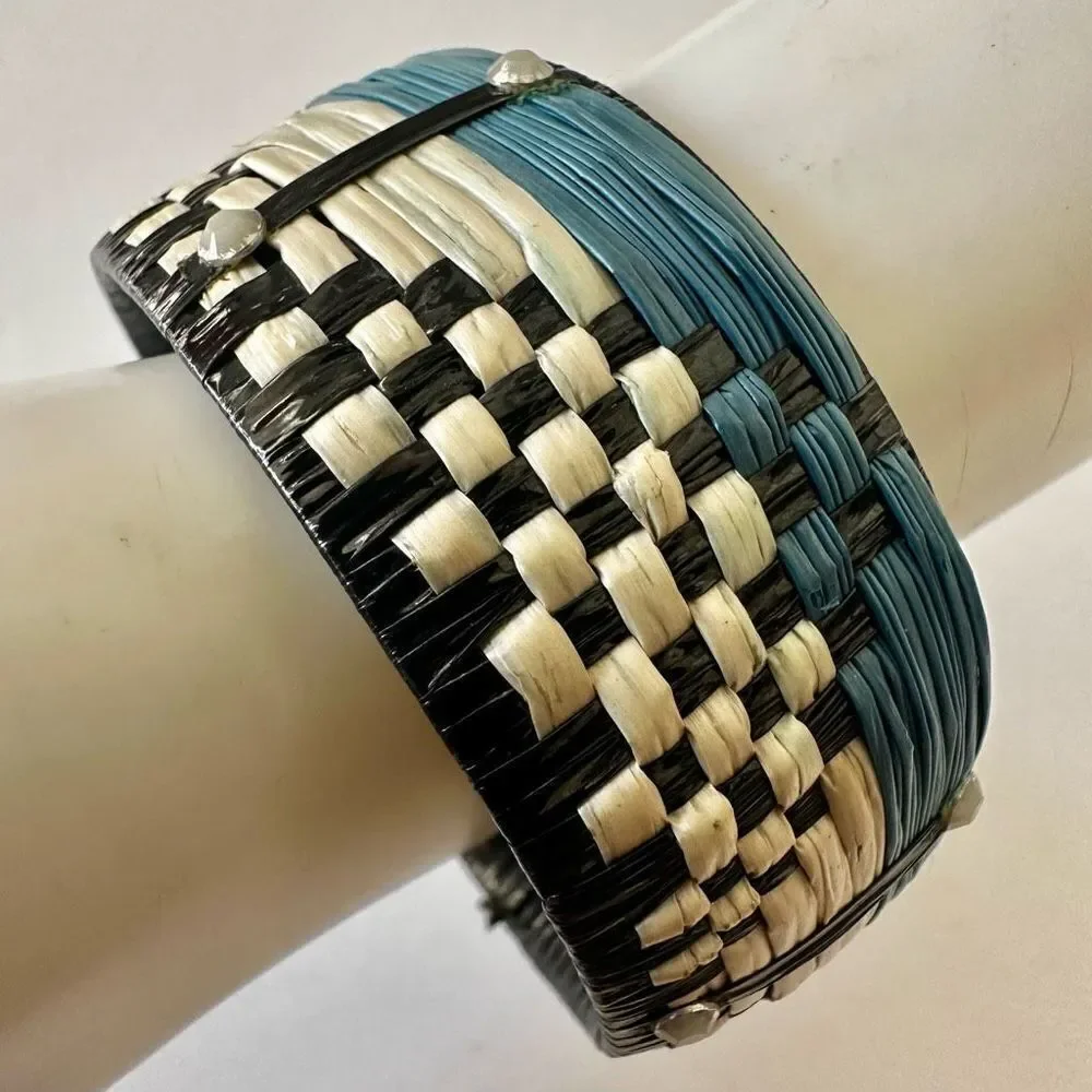 Raffia  hand woven blue and tan bracelet